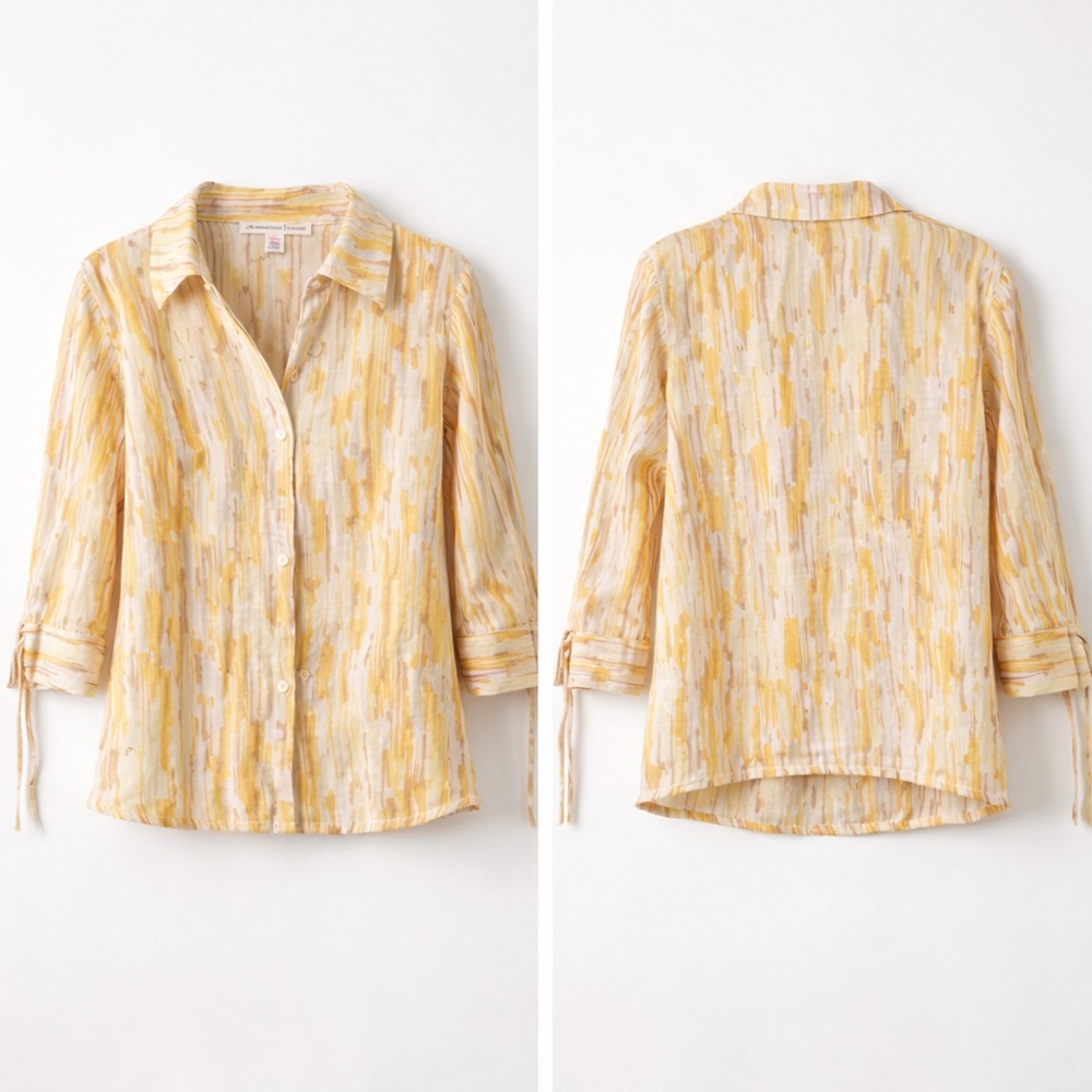 Linen Button Shirt J M Collection Petite 4 Yellow Abstract Top 3/4 Sleeves - Picture 3 of 6
